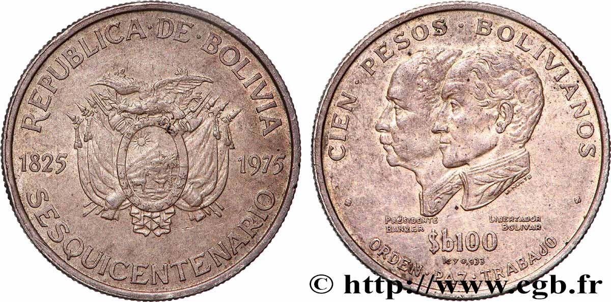 BOLIVIA 100 Bolivianos 150 ans de l’Indépendance 1975 MBC+