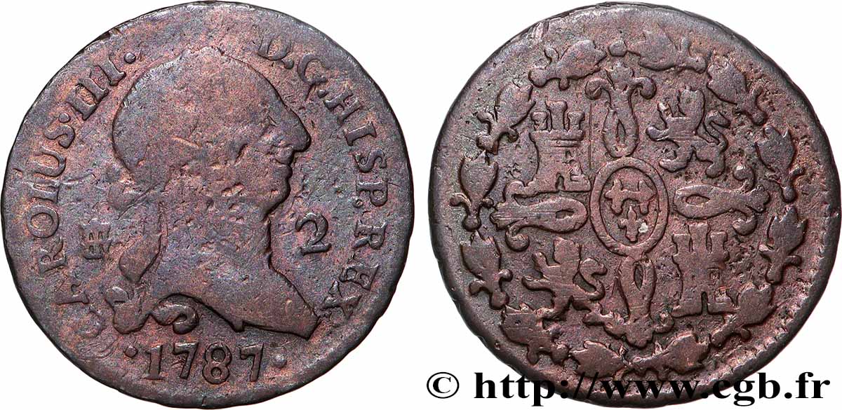 SPAIN 2 Maravedis Charles III 1787 Ségovie VF