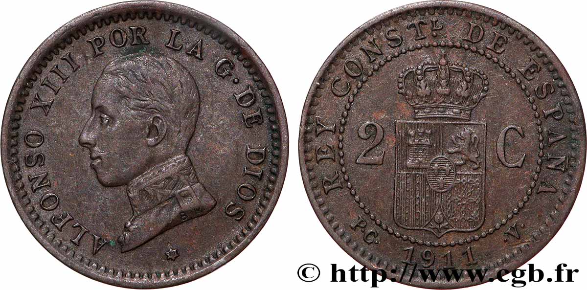 ESPAGNE 2 Centimos Alphonse XIII 1911 Madrid TTB+