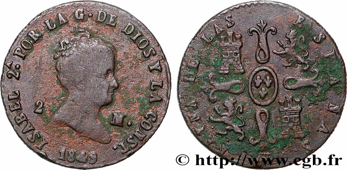SPAIN 2 Maravedis Isabelle II 1849 Ségovie VF
