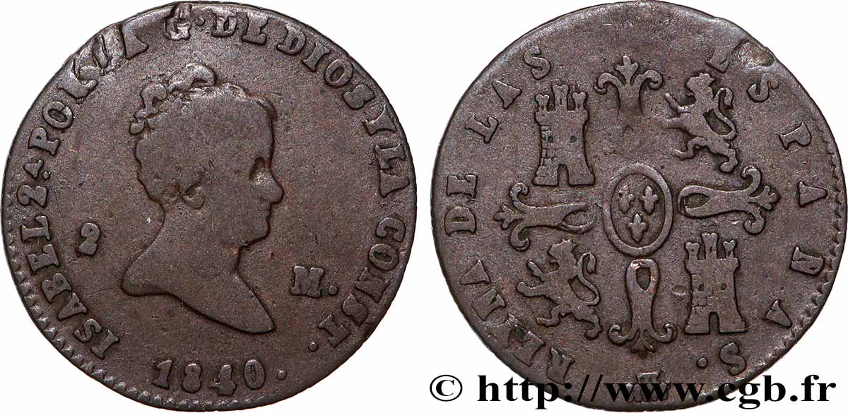 SPAIN 2 Maravedis Isabelle II 1840 Ségovie VF