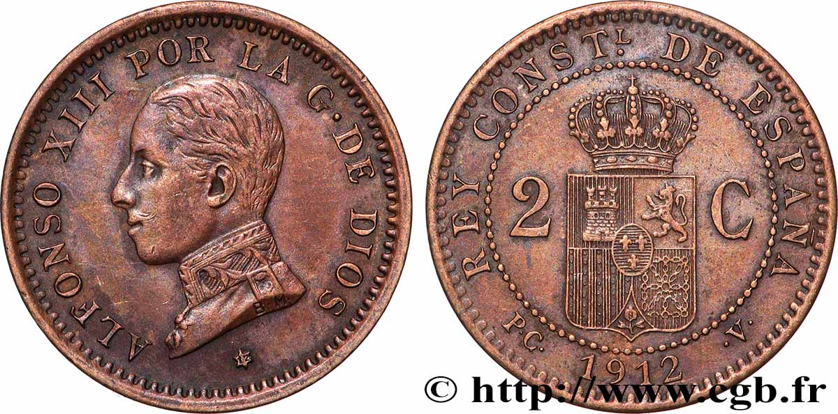 SPAIN 2 Centimos Alphonse XIII 1912 Madrid AU