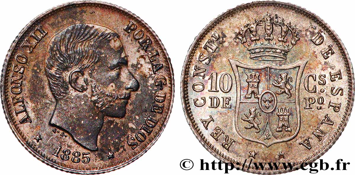 PHILIPPINES 10 Centimos de Peso Alphonse XII 1885 Manille AU