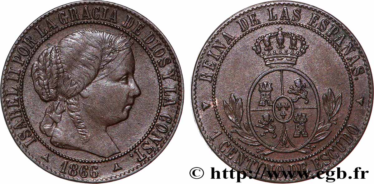 SPAIN 1 Centimo de Escudo Isabelle II 1866 Oeschger Mesdach & CO AU