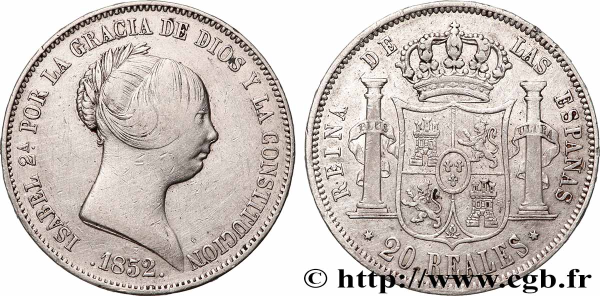 SPAIN - KINGDOM OF SPAIN - ISABELLA II 20 Reales 1852 Séville XF