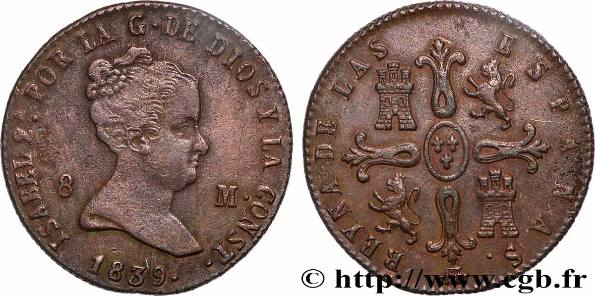 SPAIN 8 Maravedis Isabelle II 1839 Ségovie XF