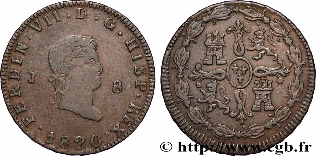 SPAIN 8 Maravedis Ferdinand VII 1820 Jubia VF