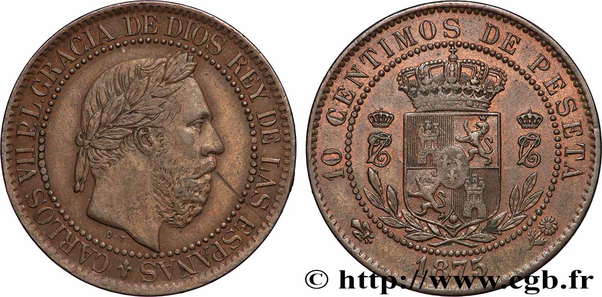 SPAIN 10 Centimos Charles VII 1875 Oñate AU