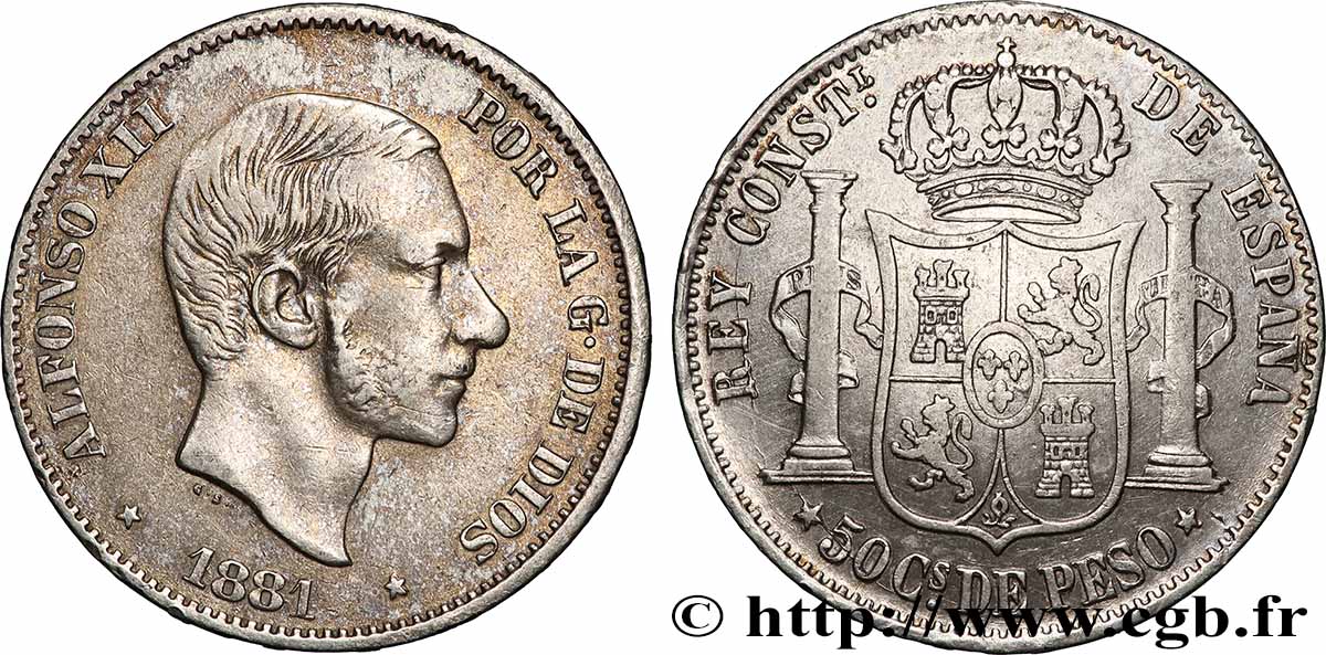 PHILIPPINES 50 Centimos de Peso Alphonse XII 1881 Manille XF