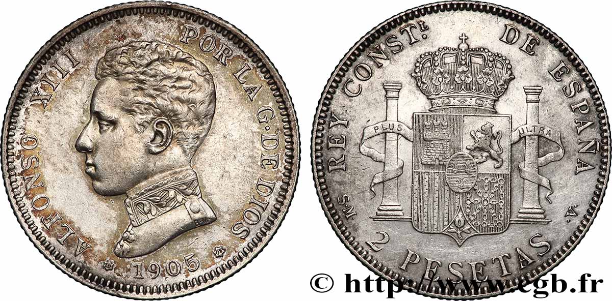 SPAIN 2 Pesetas Alphonse XIII 1905 Madrid AU