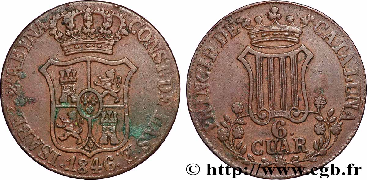 ESPAGNE - CATALOGNE 6 Quartos Isabelle II (fleurs à sept pétales) 1846 Catalogne TTB