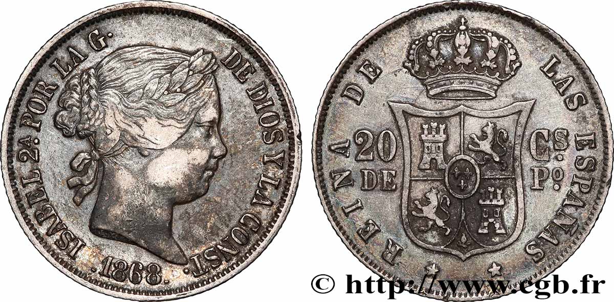 SPAIN 20 Centimos Isabelle II 1868 Madrid XF