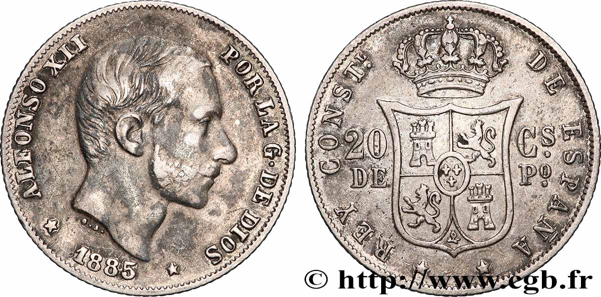 PHILIPPINES 20 Centimos de Peso Alphonse XII 1885 Manille XF
