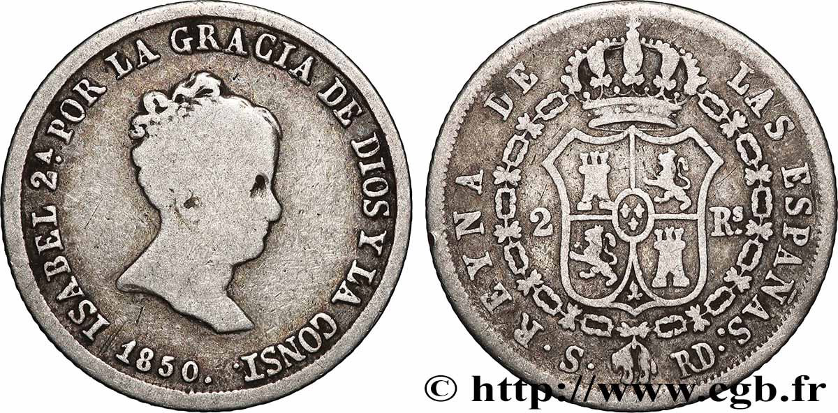 SPAIN - KINGDOM OF SPAIN - ISABELLA II 2 Reales 1850 Madrid VF/VF