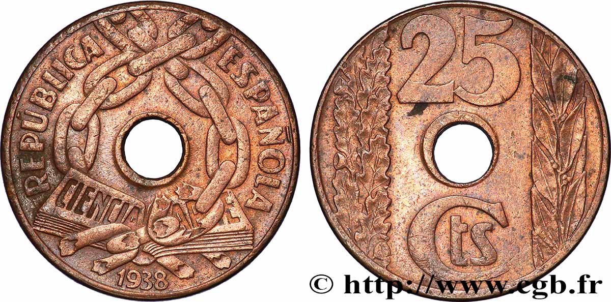 ESPAGNE 25 Centimos monnayage républicain 1938 Madrid TTB