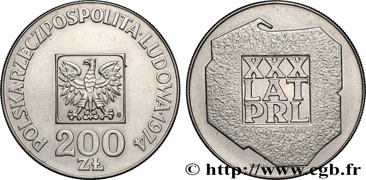 POLOGNE 200 Zlotych aigle 30e anniversaire de la fondation de la république populaire 1974 Varsovie SUP