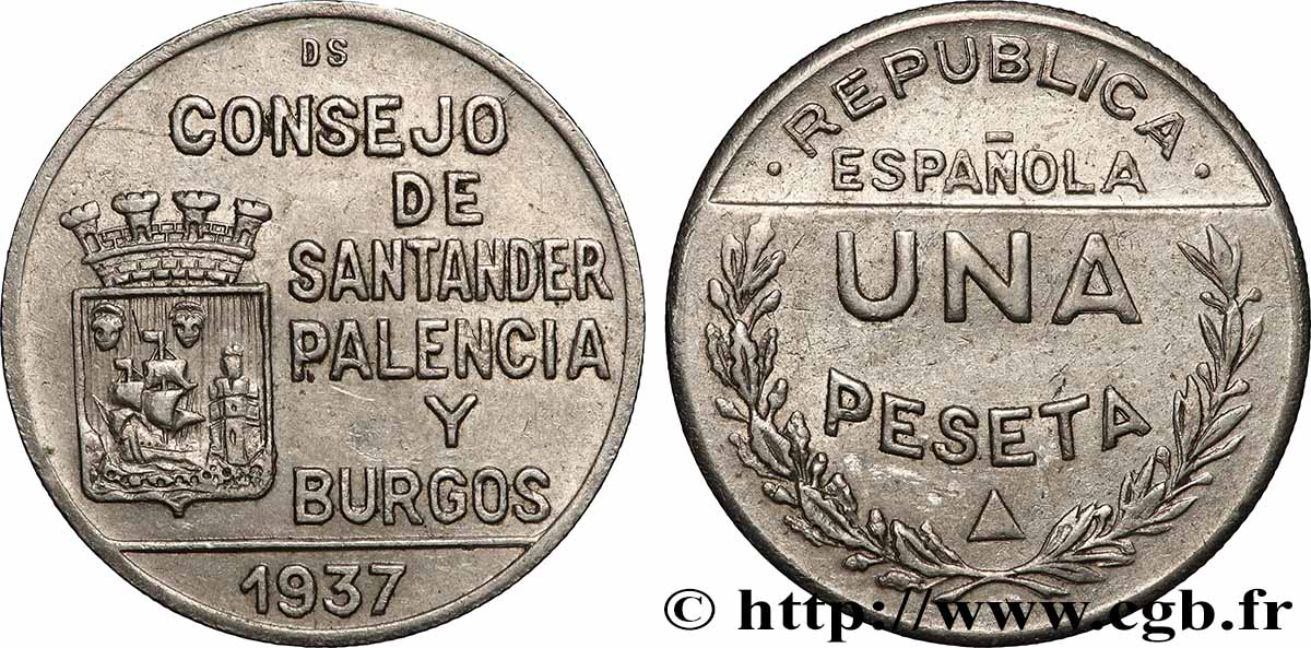 SPAIN 1 Peseta monnayage républicain - Santander, Palencia et Burgos 1937 Madrid XF