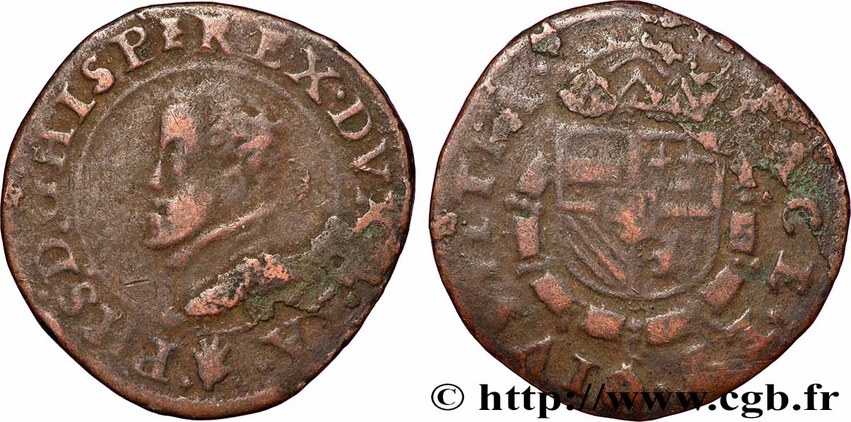 SPANISH NETHERLANDS - COUNTY OF FLANDERS - PHILIP II OF SPAIN 1 Liard Statenoord États en révolte n.d. Anvers VF