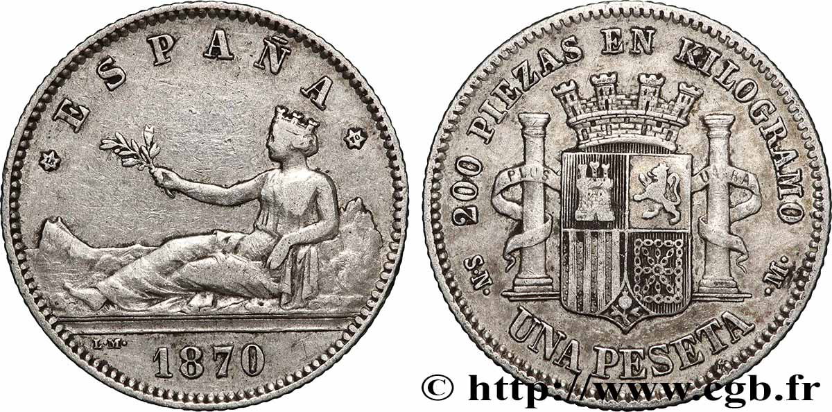 SPAIN 1 Peseta “ESPAÑA” allongée 1870 Madrid VF
