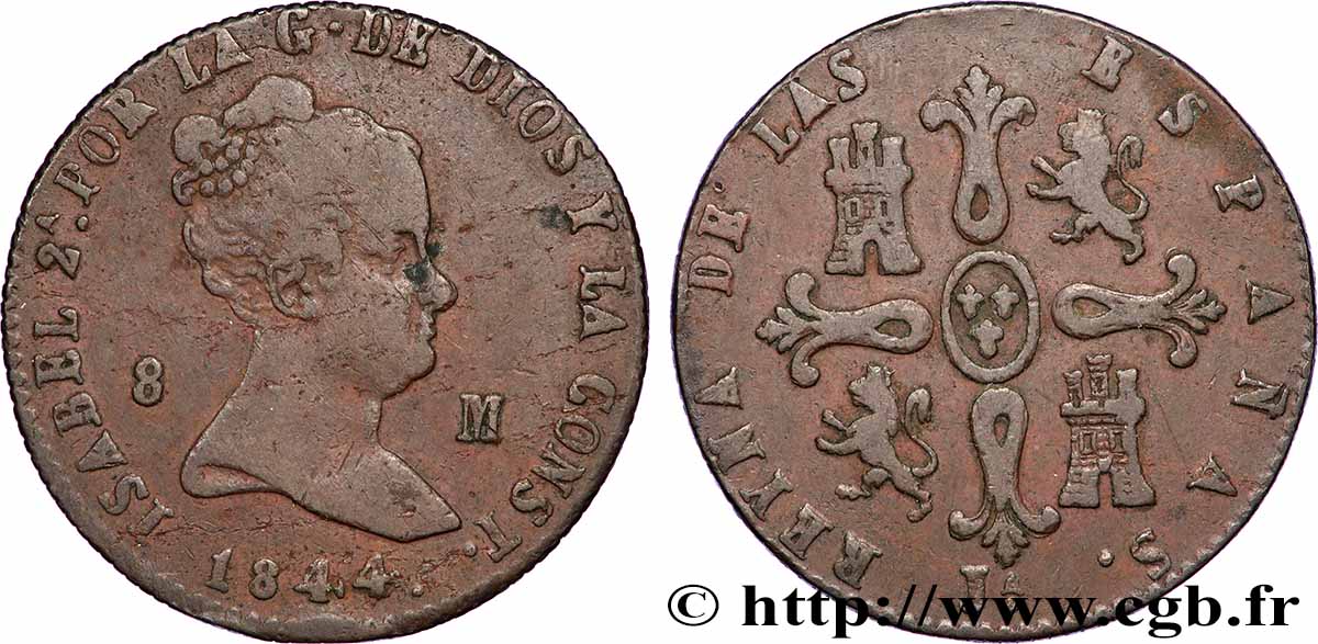 SPAIN 8 Maravedis Isabelle II 1844 Jubia VF