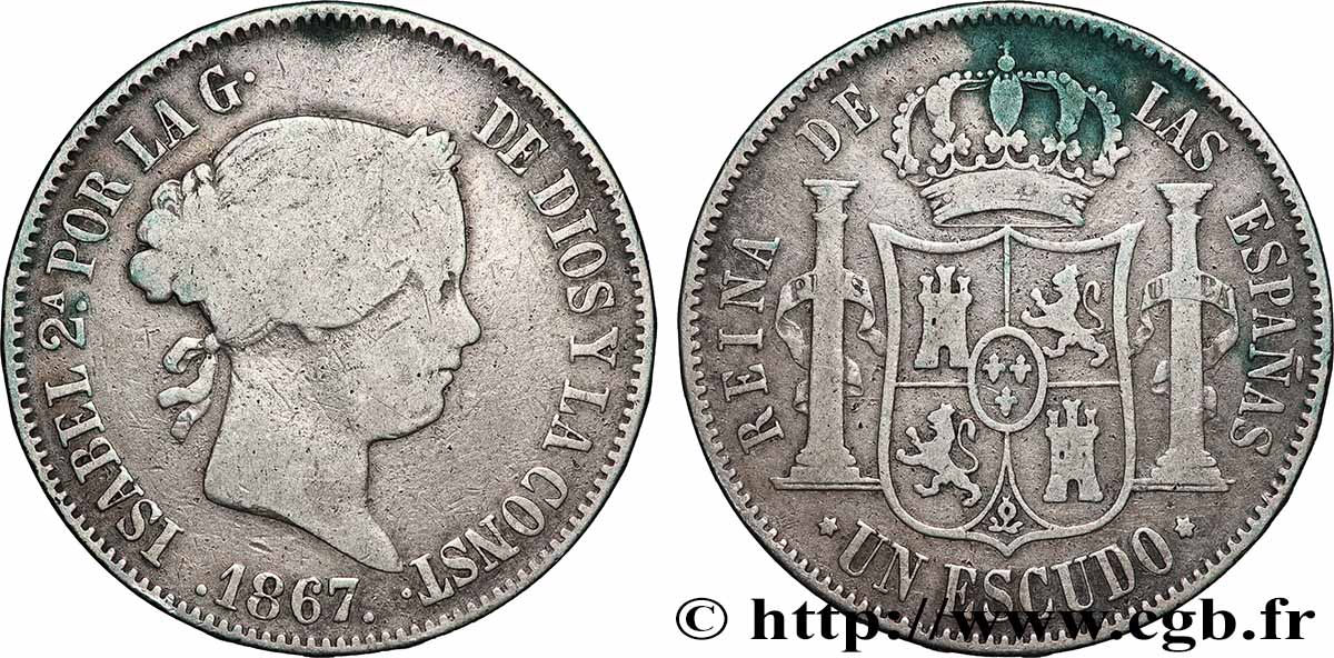 SPAIN 1 Escudo Isabelle II / écu couronné 1867 Madrid VF