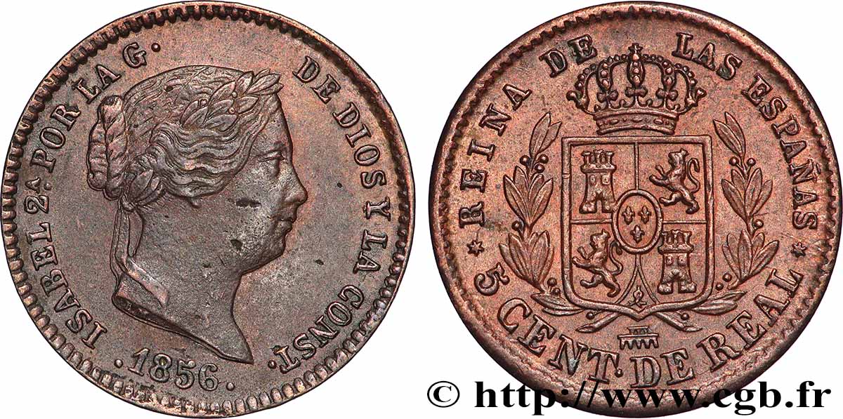 SPAIN 5 Centimos de Real Isabelle II 1856 Ségovie AU