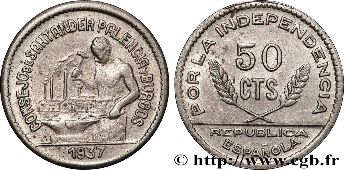 ESPAGNE 50 Centimos monnayage républicain - Santander, Palencia et Burgos 1937 Madrid TTB