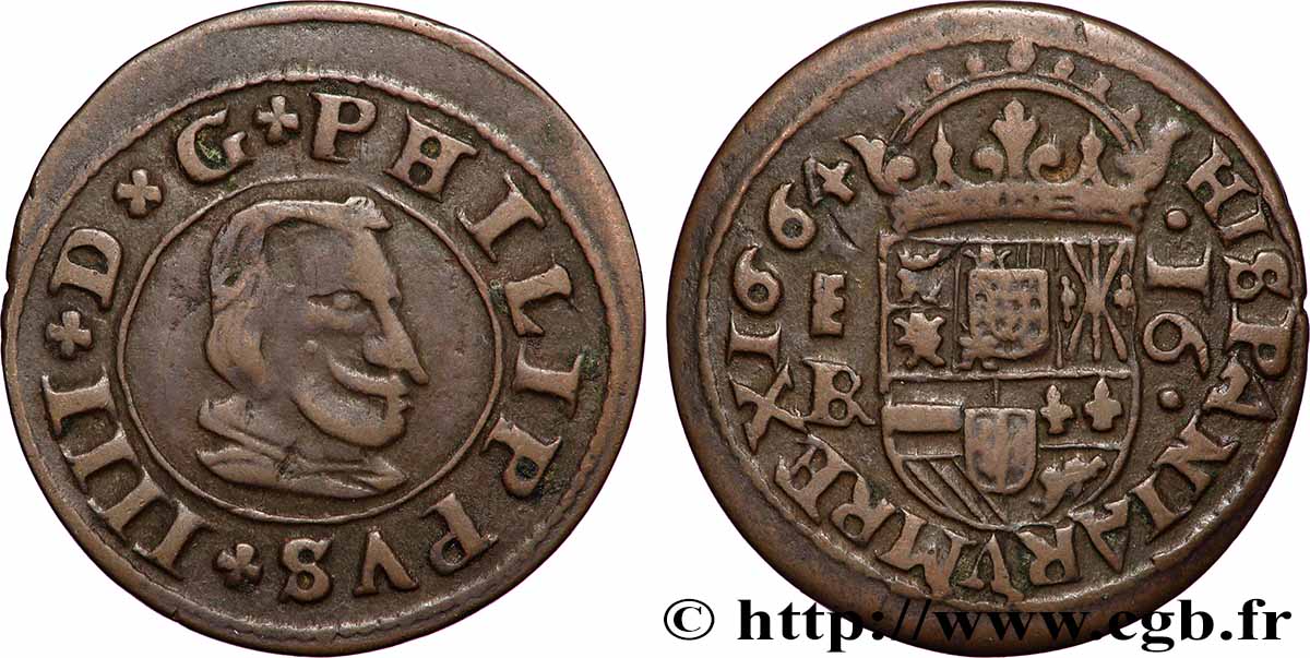 SPAIN - KINGDOM OF SPAIN - PHILIP IV 16 Maravedis 1664 Burgos XF