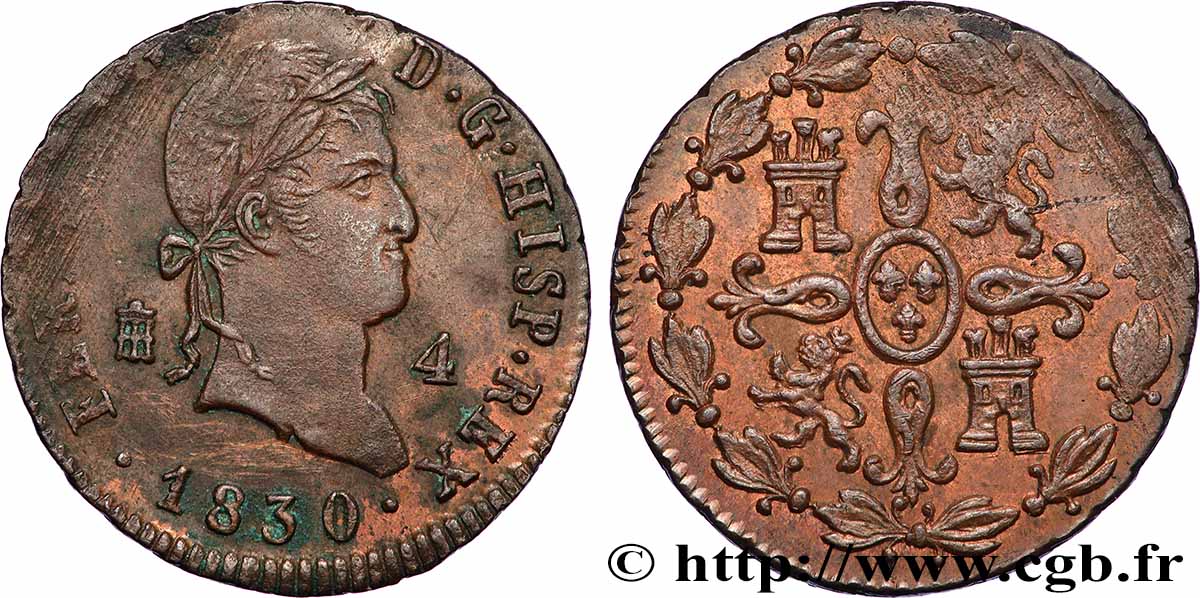 SPAIN 4 Maravedis Ferdinand VII 1830 Ségovie XF