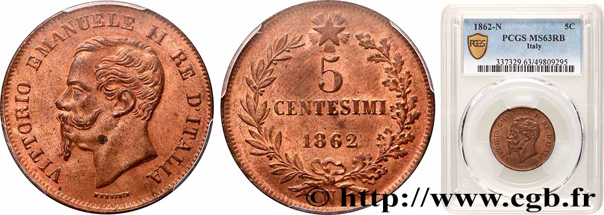 ITALIE 5 Centesimi Victor Emmanuel II 1862 Naples SPL63 PCGS