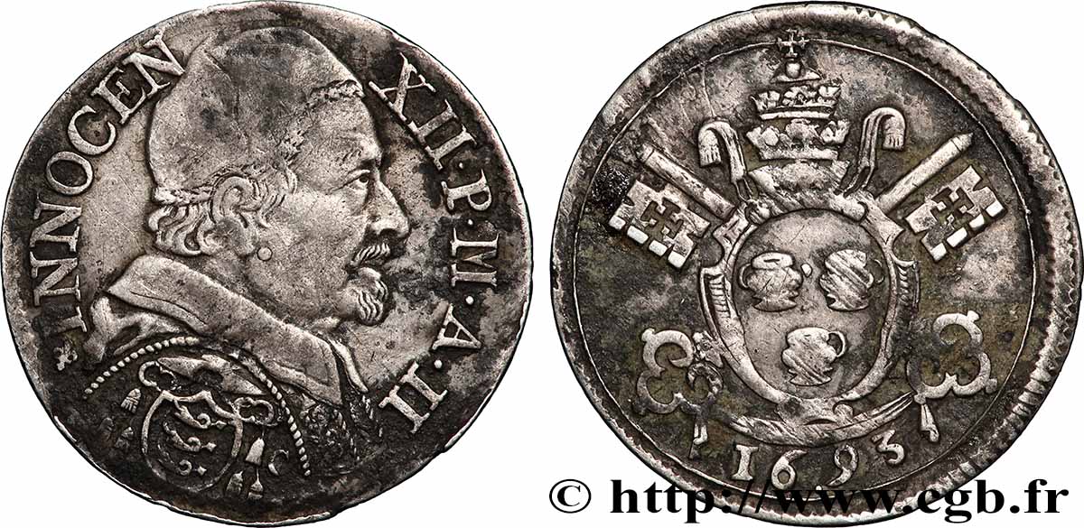 ITALY - PAPAL STATES - INNOCENT XII (Antonio Pignatelli) 1/12 d’écu an II 1693 Avignon VF