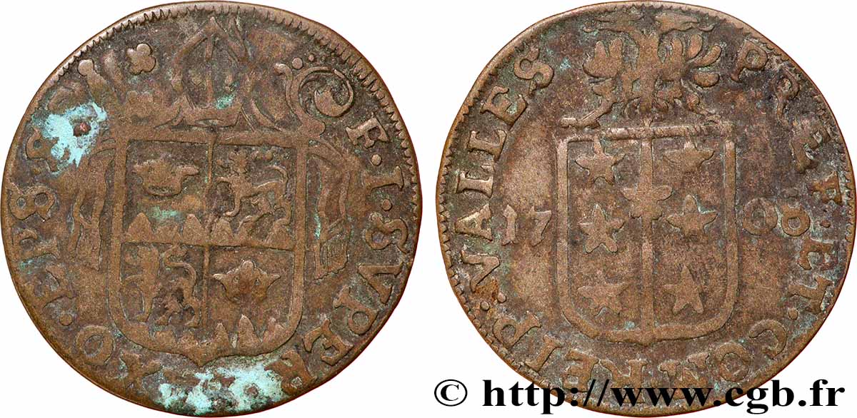 SWITZERLAND - CANTON OF VALAIS 1 Batzen François-Joseph Supersaxo évêque de Sion 1708 VF