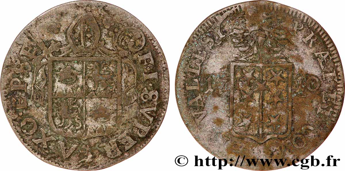 SWITZERLAND - CANTON OF VALAIS 1 Batzen canton du Valais (Sitten) frappe au nom de l’évêque François-Joseph Supersaxo 1710 VF