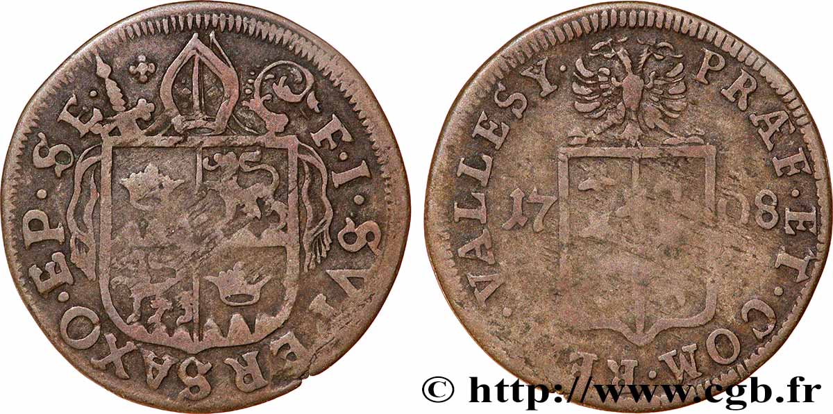 SWITZERLAND - CANTON OF VALAIS 1 Batzen François-Joseph Supersaxo évêque de Sion 1708 VF