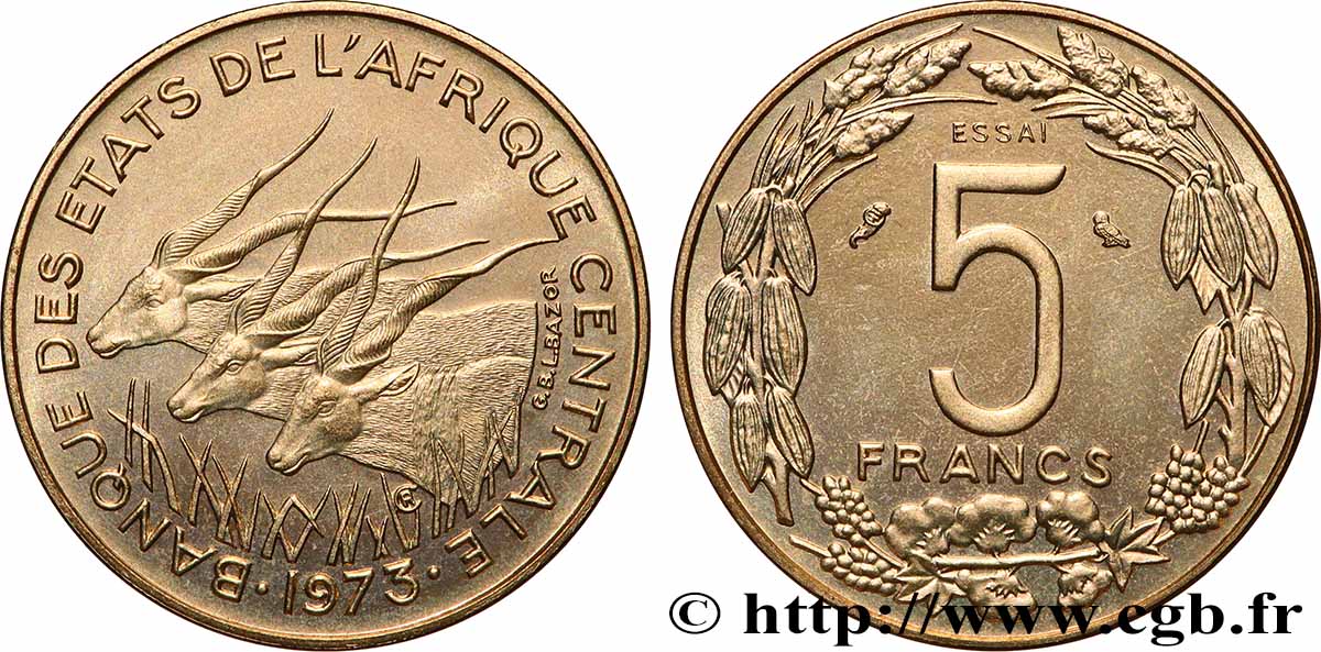 CENTRAL AFRICAN STATES Essai de 5 Francs antilopes 1973 Paris MS
