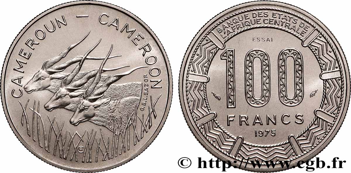 KAMERUN Essai de 100 Francs légende bilingue, type BEAC antilopes 1975 Paris fST