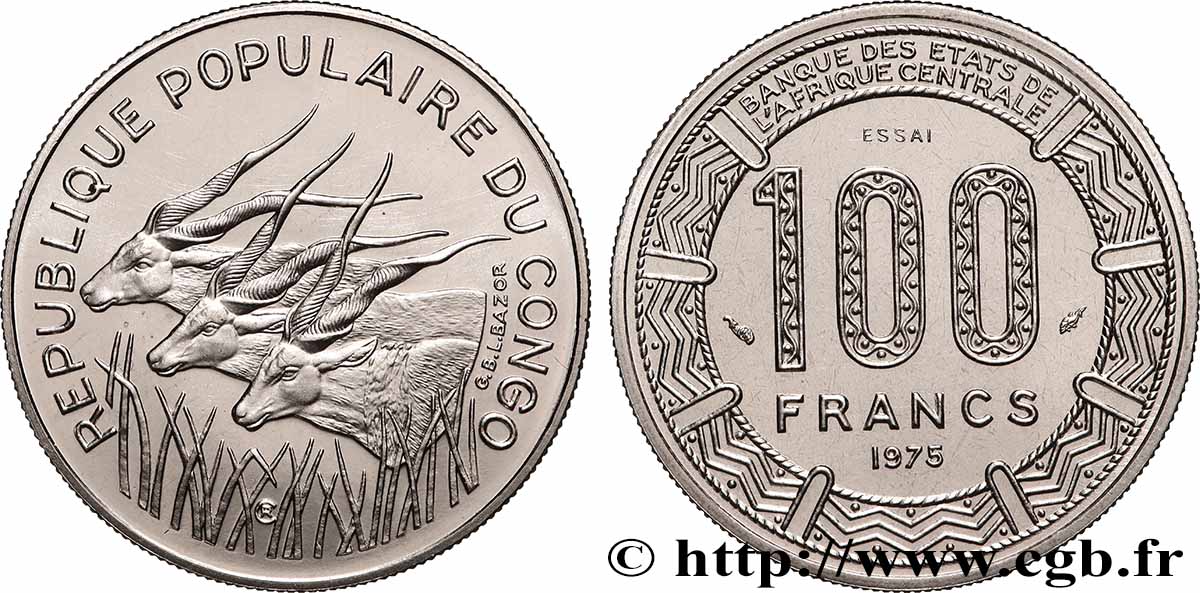 CONGO (RÉPUBLIQUE) Essai de 100 Francs type “BCEAC” 1975 Paris SPL