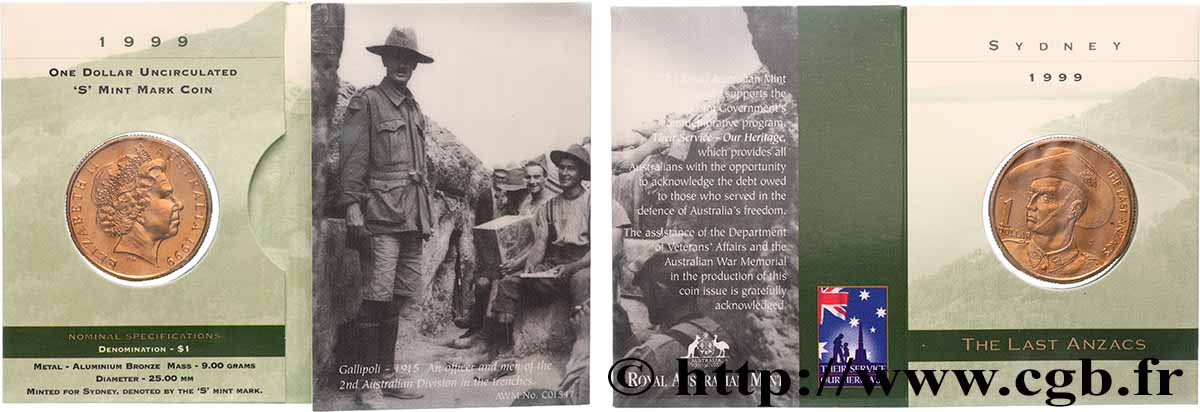 AUSTRALIE 1 Dollar Les derniers ANZACS 1999 Sydney FDC