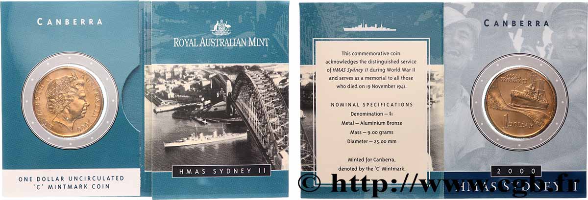 AUSTRALIA 1 Dollar Navire HMAS Sydney II 2000 Canberra FDC
