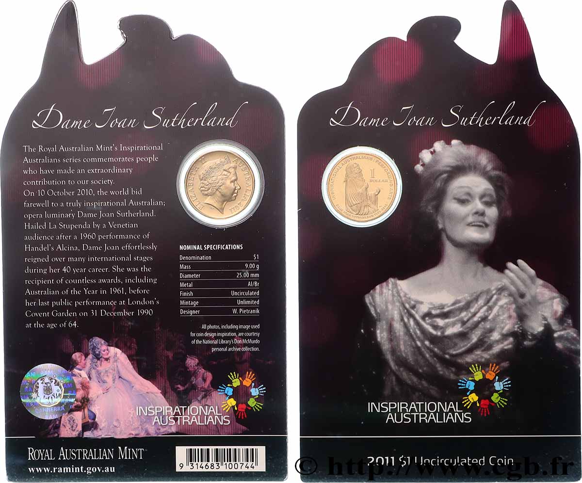 AUSTRALIA 1 Dollar Dame Joan Sutherland 2011 Canberra MS