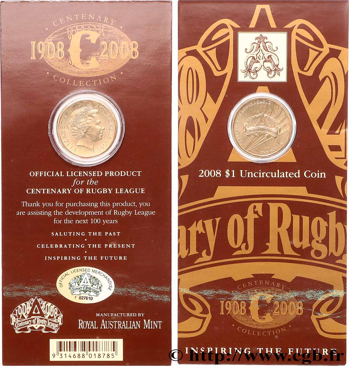AUSTRALIE 1 Dollar Centenaire de la ligue de rugby australienne 2008 Canberra FDC