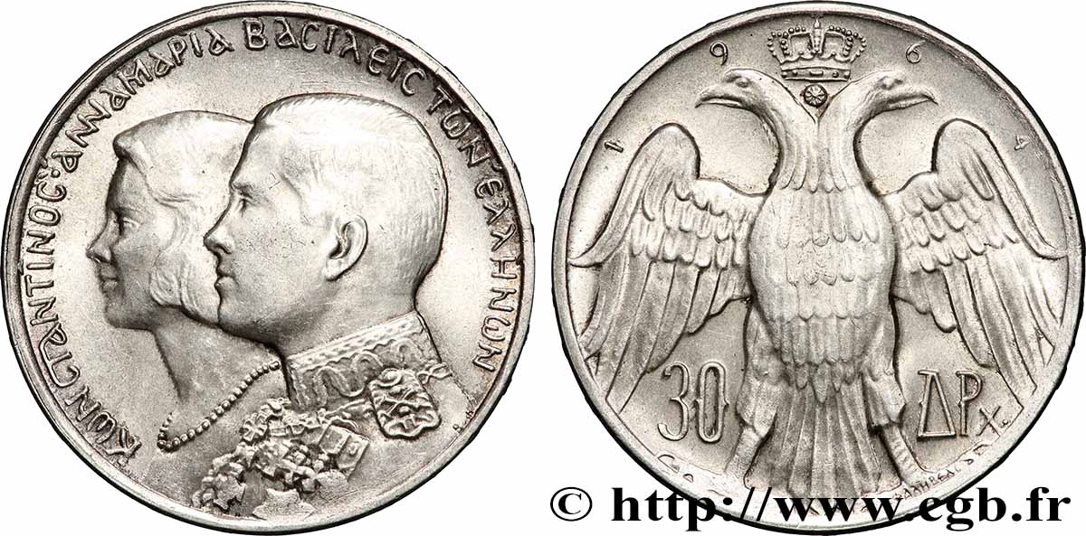 GRECIA 30 Drachmes mariage royal 1964 Kongsberg, Norvège SPL