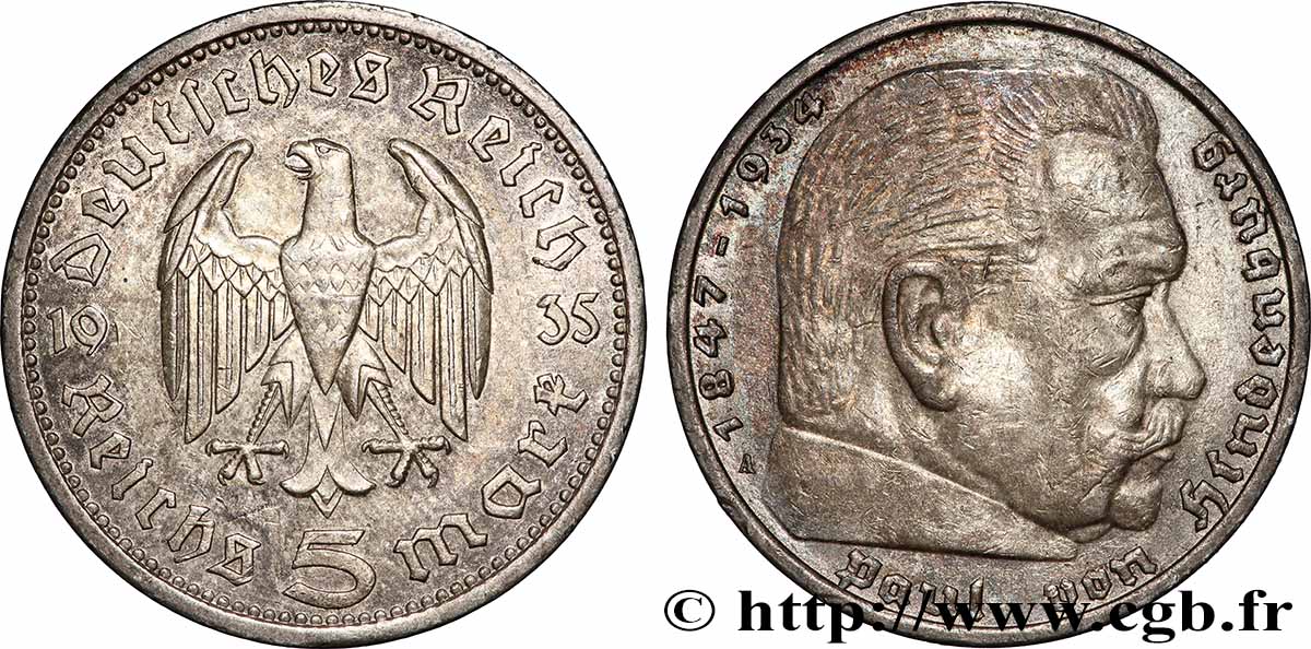 DEUTSCHLAND 5 Reichsmark Maréchal Paul von Hindenburg 1935 Berlin fVZ