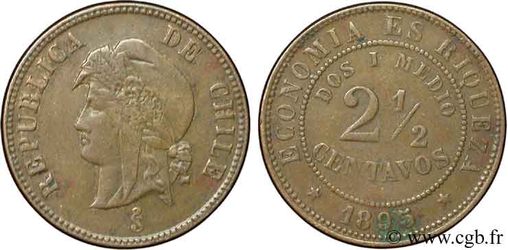 CHILI 2 1/2 Centavos 1895 Santiago - S° TTB 