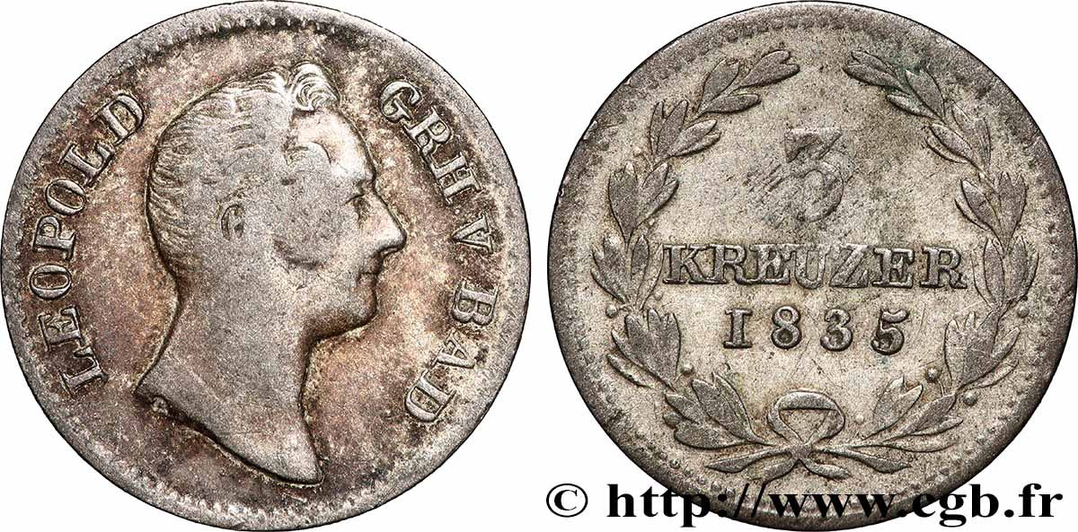 GERMANY - BADEN 3 Kreuzer Léopold 1835 Karlsruhe VF