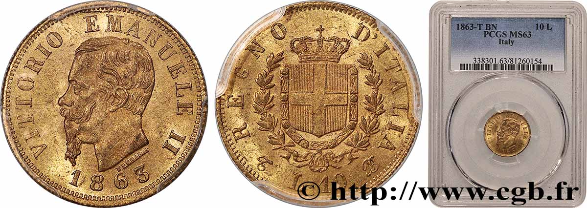 ITALIEN - ITALIEN KÖNIGREICH - VIKTOR EMANUEL II. 10 Lire 1863 Turin fST63 PCGS