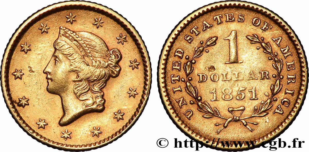 UNITED STATES OF AMERICA 1 Dollar Or Liberty head 1er type 1851 Philadelphie XF