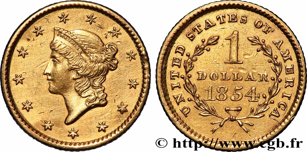 ÉTATS-UNIS D AMÉRIQUE 1 Dollar Or Liberty head 1er type 1854 Philadelphie TTB+