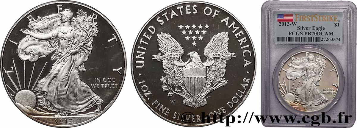 ÉTATS-UNIS D AMÉRIQUE 1 Dollar Proof Silver Eagle 2013 West Point FDC70 ANACS
PCGS