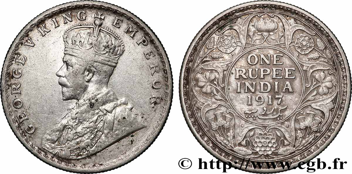 INDES BRITANNIQUES 1 Rupee (Roupie) Georges V 1917 Bombay TTB